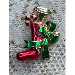 Vintage Beatrix Christmas Stocking Brooch Red Green Enamel Candy Cane Horn Pin